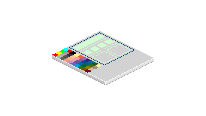 Ein isometrisches Design zeigt eine Farbpalette auf einem orangefarbenen Hintergrund, umgeben von verschiedenen Farbtönen.