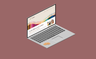 Ein Laptop mit einer bunten Website, die kreative Inhalte präsentiert, steht auf einem Tisch neben einem Keks.