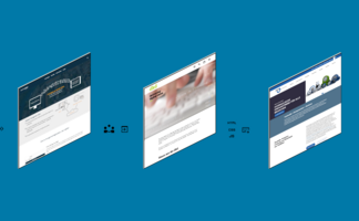 Drei Webseiten werden in einem blauen Hintergrund angezeigt, jede mit unterschiedlichen Inhalten und Designs.