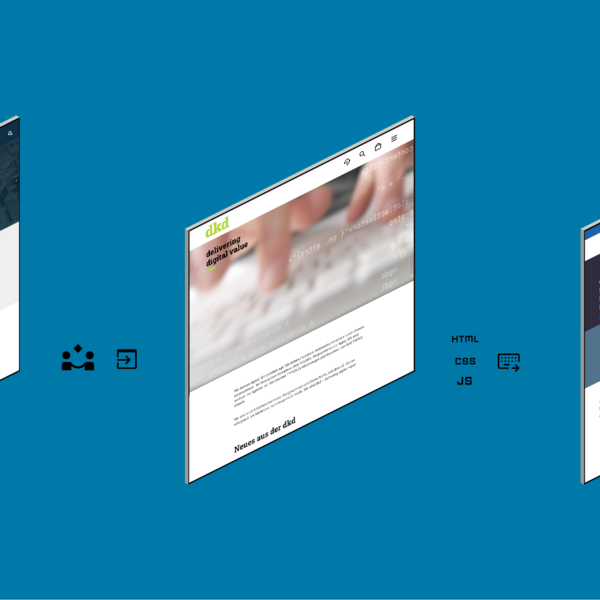 Drei Webseiten in 3D-Ansicht, die verschiedene digitale Dienstleistungen und Produkte präsentieren, vor einem blauen Hintergrund.