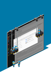 Eine digitale Benutzeroberfläche wird von zwei Figuren auf einer Hebebühne betrachtet, während sie an einem Projekt arbeiten.