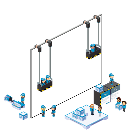 In einer Bauszene sind mehrere Trooper beschäftigt, hängend an Seilen oder schwebend in Hebebühnen