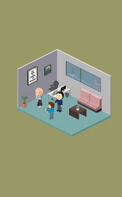 In einer Büroszene steht eine Frau neben dem Schreibtisch, im Hintergrund ist ein Sofa zu sehen