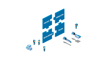 Die Grafik zeigt eine Teamarbeitssituation, in der Figuren Puzzlestücke mit Schlüsselbegriffen für ein Projekt diskutieren.