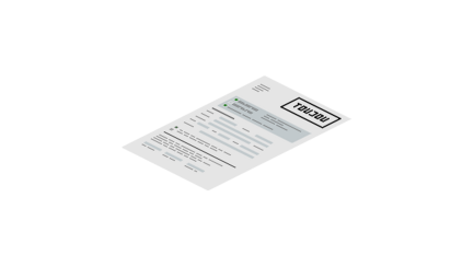 Ein toujou Dokument liegt schräg auf einer Oberfläche, mit einem klaren Header und verschiedenen Abschnitten für Informationen.