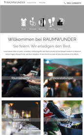 Die Webseite von RAUMWUNDER präsentiert verschiedene Veranstaltungsräume und gastronomische Angebote für Feiern.