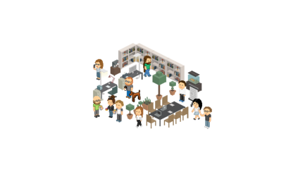 In einem modernen Büro stehen Mitarbeiter zusammen, telefonieren und diskutieren, umgeben von Regalen voller Bücher.