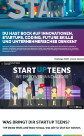 Bunte Grafik mit dem Text 'STARTUP TEENS', umgeben von stilisierten Gebäuden und Figuren, die Innovation und Unternehmertum symbolisieren.