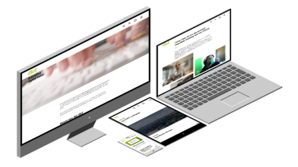 Ein Desktop-Monitor und ein Laptop zeigen Webseiten mit modernen Designs und Inhalten über digitale Dienstleistungen.