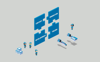 Die Grafik zeigt eine Teamarbeitssituation, in der Figuren Puzzlestücke mit Schlüsselbegriffen für ein Projekt diskutieren.