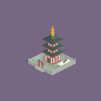 Ein stilisierter Pagodenbau mit mehreren Ebenen und goldener Spitze, umgeben von einem kleinen Garten und Zäunen.