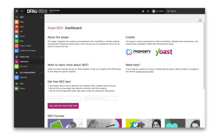 Das Dashboard von Yoast SEO zeigt verschiedene Optionen zur Optimierung von Webseiten und zur Analyse von Inhalten.