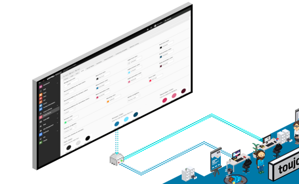 Ein modernes Büro mit einem großen Bildschirm, der eine Software-Oberfläche zeigt, umgeben von Mitarbeitern, die arbeiten.