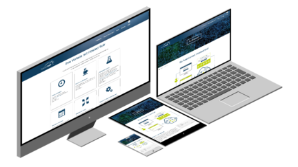 Ein Desktop-Monitor und ein Laptop zeigen Webseiten mit Informationen zu Hosted Solr und seinen Vorteilen.