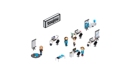 Eine Gruppe von Mitarbeitern diskutiert lebhaft in einem kreativen Arbeitsumfeld, umgeben von Computern und Präsentationsmaterialien.