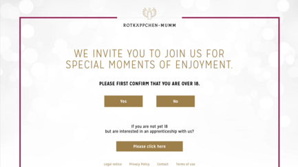 Die Webseite fordert Nutzer auf, ihr Alter zu bestätigen, um Zugang zu alkoholischen Inhalten zu erhalten.