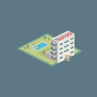 Ein modernes Hotelgebäude mit einem großen Pool und grünen Rasenflächen umgeben von Bäumen und Liegen.