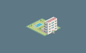 Ein modernes Hotelgebäude mit einem großen Pool und grünen Rasenflächen umgeben von Bäumen und Liegen.