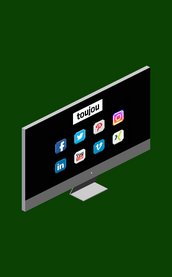 Ein moderner Computerbildschirm zeigt verschiedene soziale Medien-Icons auf einem schwarzen Hintergrund.