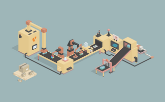 Eine moderne Produktionslinie mit Robotern und Förderbändern, die verschiedene Maschinen und Geräte umfasst.