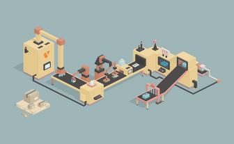 Eine moderne Produktionslinie mit Robotern und Förderbändern, die verschiedene Maschinen und Geräte umfasst.