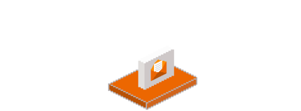 Ein stilisiertes 3D-Modell zeigt ein orangefarbenes Podest mit einem weißen Rahmen und Dokumenten, die darauf schweben.