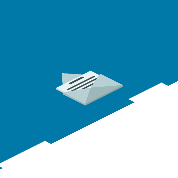 Ein stilisiertes Briefsymbol schwebt über einem blauen Hintergrund, das Gefühl von Kommunikation und Verbindung vermittelnd.