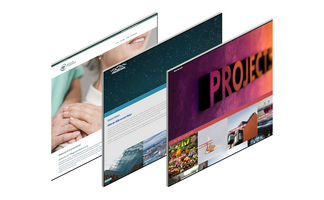 Drei Screens mit modernen Websites zeigen farbige Templates