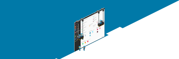 Zwei Arbeiter in blauen Helmen stehen auf einer Plattform und betrachten eine Software-Oberfläche mit Farboptionen.
