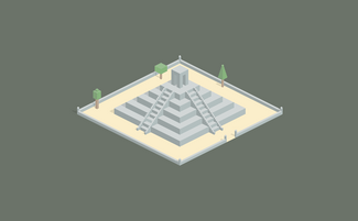 Eine stilisierte Pyramide mit mehreren Treppen und einem kleinen Tempel auf der Spitze, umgeben von Bäumen.