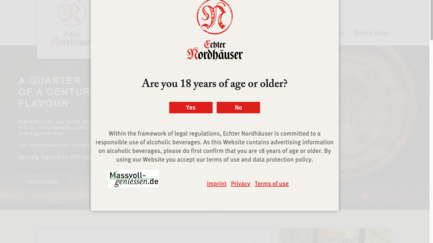Die Webseite fordert Nutzer auf, ihr Alter zu bestätigen, um Zugang zu alkoholischen Inhalten zu erhalten.