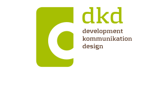 Ein modernes Logo in Grün und Schwarz, das die Buchstaben dkd und die Worte Entwicklung, Kommunikation, Design zeigt.