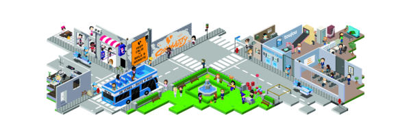 Eine lebendige Stadtlandschaft mit einem zentralen Brunnen, Cafés und Menschen, die in verschiedenen Aktivitäten beschäftigt sind.