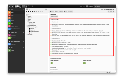 Ein Screenshot einer Benutzeroberfläche zeigt eine Analyse von SEO-Elementen, einschließlich Verbesserungsvorschlägen und Ergebnissen.