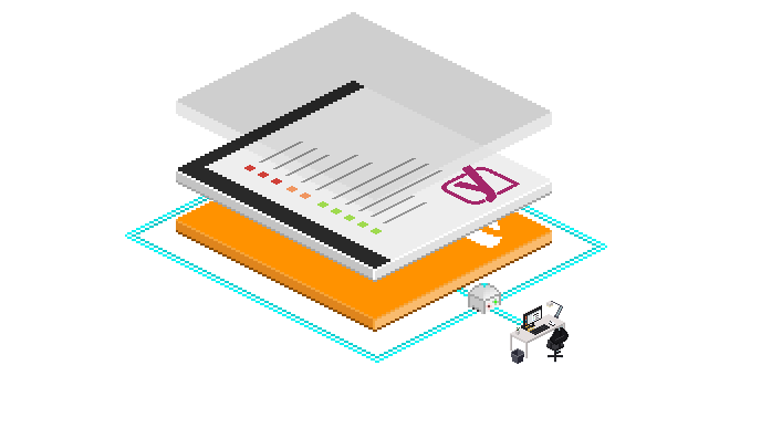 Eine digitale Arbeitsumgebung mit einem Stapel Dokumente, einem Computer, der auf einem Tisch steht.